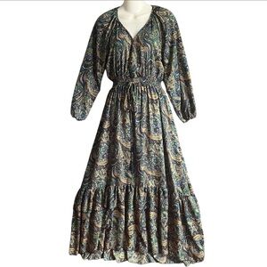 Boemo Anthropologie Boho Maxi Dress Sz Small Turquoise Paisley Bohemian Peasant